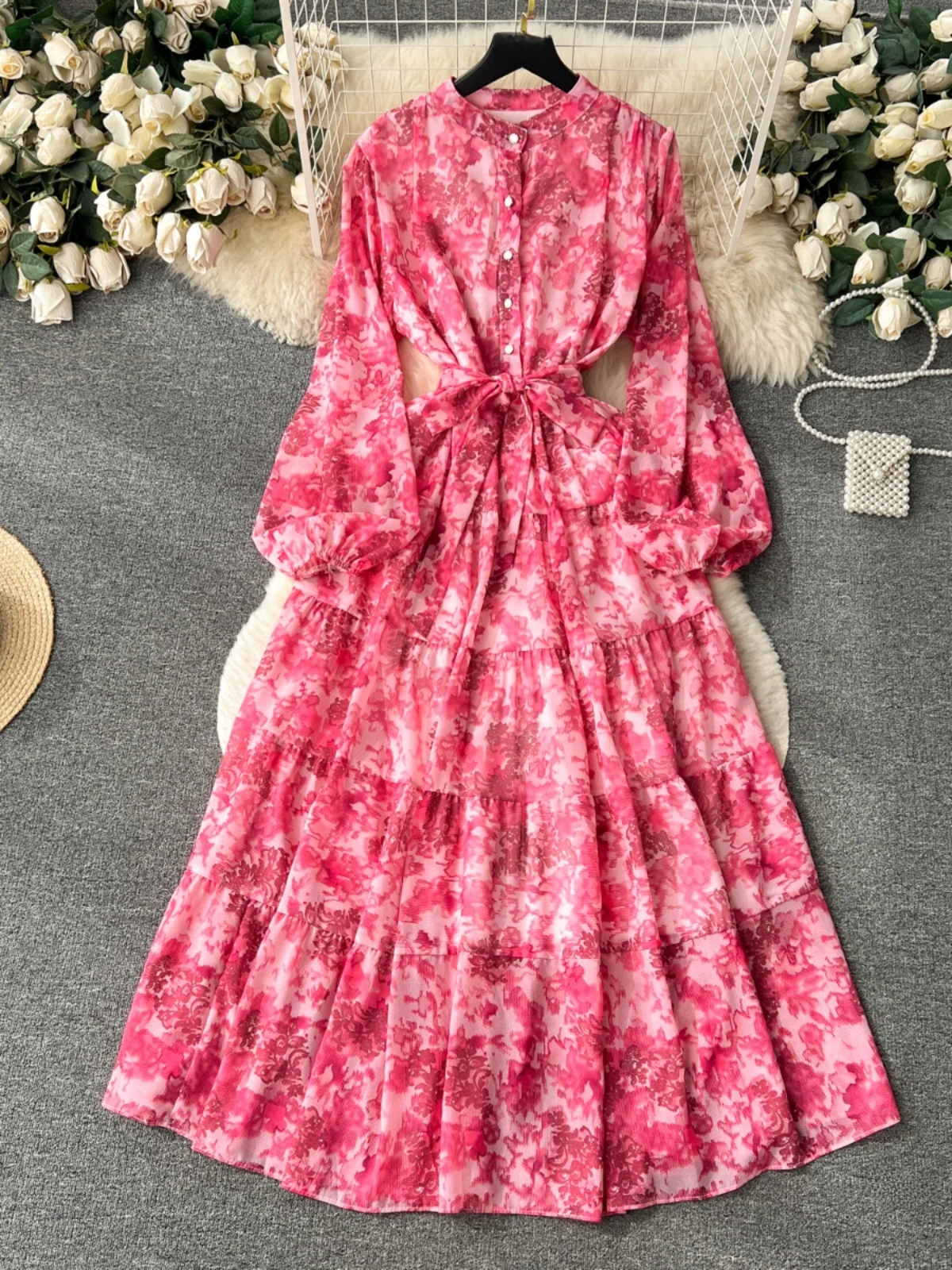 Floral Print Chiffon Dr Women's Autumn New Knee-Length Gown Gentle Waist-Cinching Fairy Skirt A-Line Long Sve Midi Dr