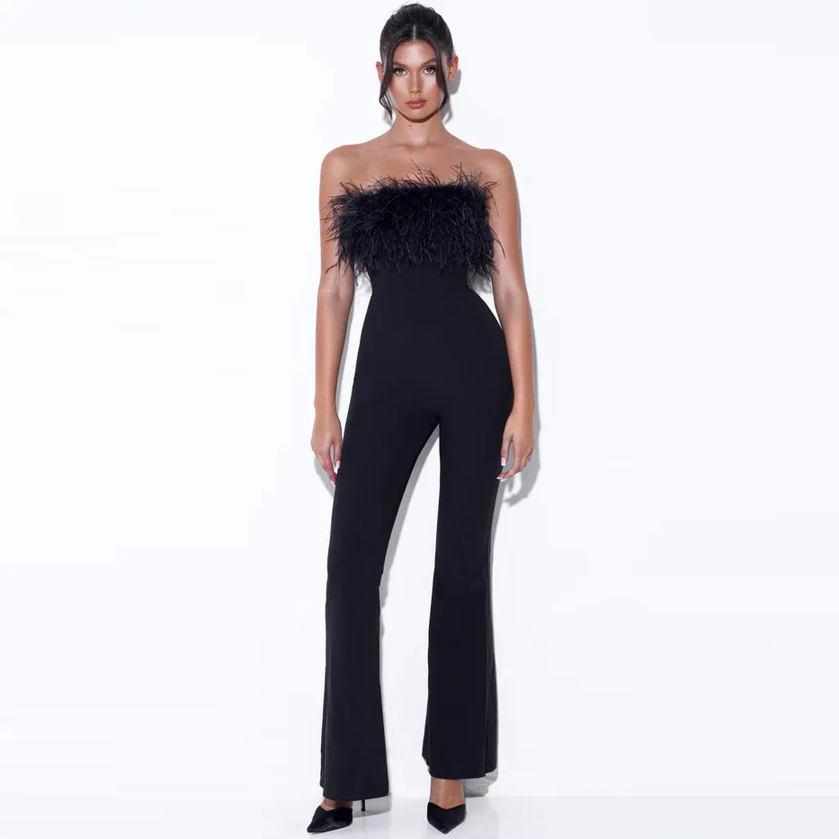 2024 New Arrival Women Strapless Bandage Jumpsuits  Sexy Feathers Club Party Evening Elegant Outfits Clothes