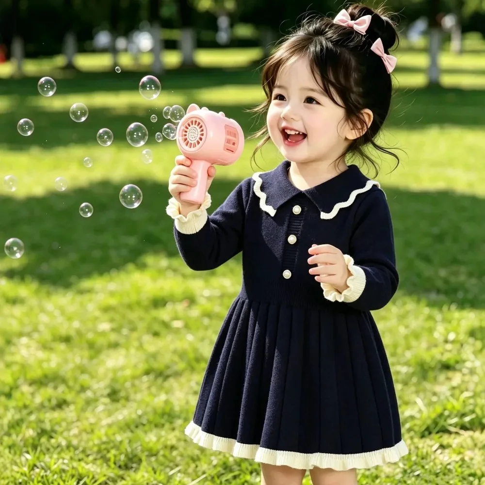 2-6 Years Old Cute Baby Girls Clothes Autumn and Winter Knitted Sweater Dress Color Blocked Lapel Long Sleeved Princess Dresses