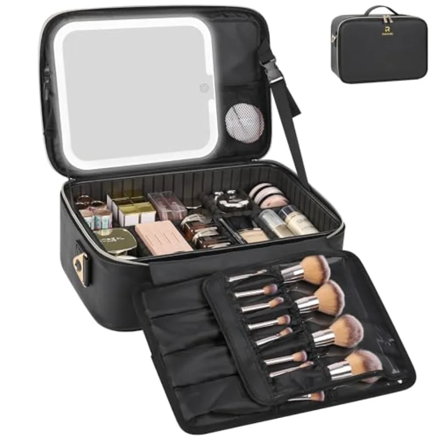 

Relavel Makeup Train Ca Wit LED Mirror Profional Travel Cosmetic ag wit Removale Partitions Compact Makeup Orgazer Waterproof T