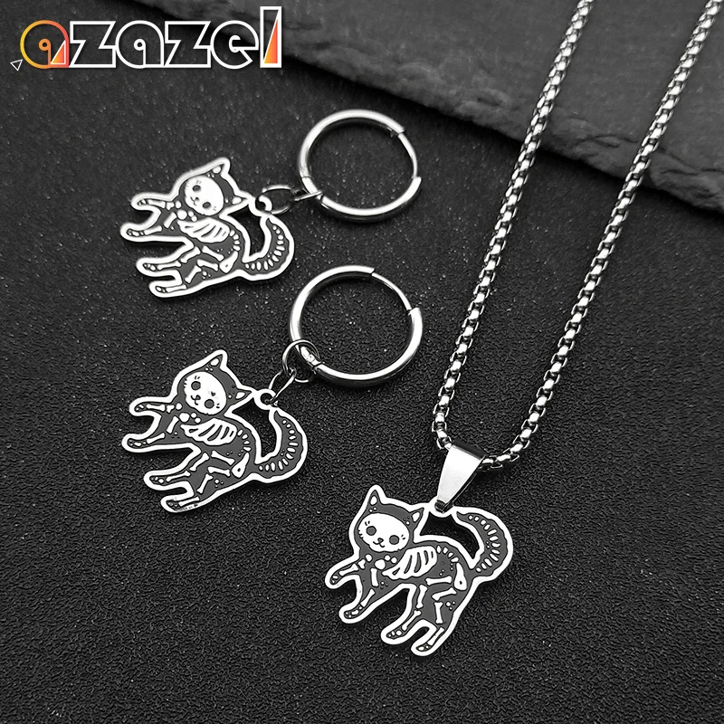 

Gothic Black Enamel Stainless Steel Cat Skull Necklace Earring Set for Women Men Symbol Animal Jewelry Party Gift ﻿ 2045-1