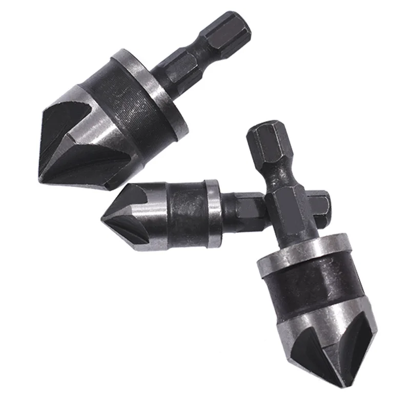3PC Hexagonal Shank 90 Degree Black Five Blade Chamferer 12/16/19mm Countersink Drill Woodworking Hole Opener Tool Set image 4