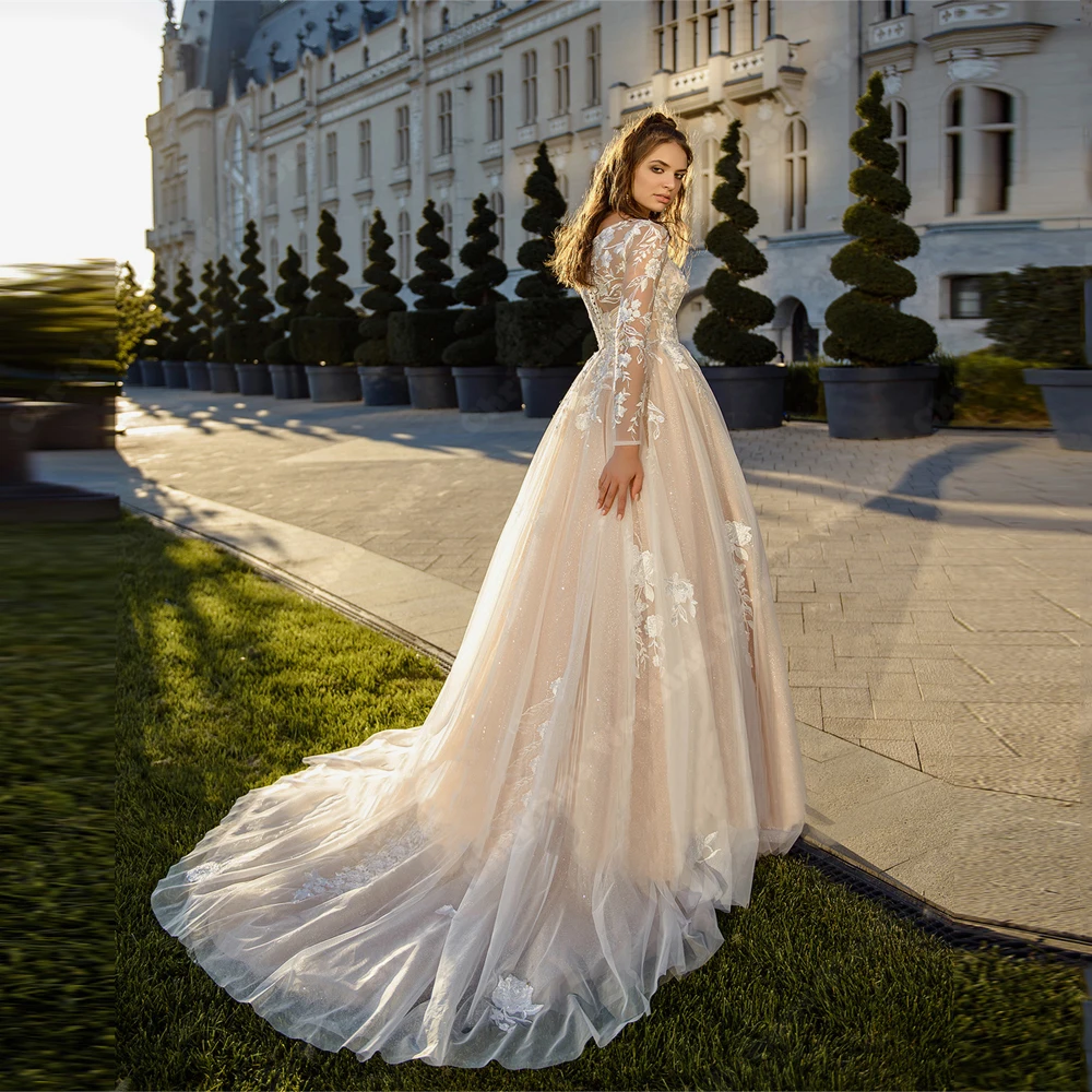 Elegant High Collar Wedding Dresses Elegant Lace Appliques A-Line Bride Gowns Long Sleeves A-Line Mopping Length Ball Bride Robe