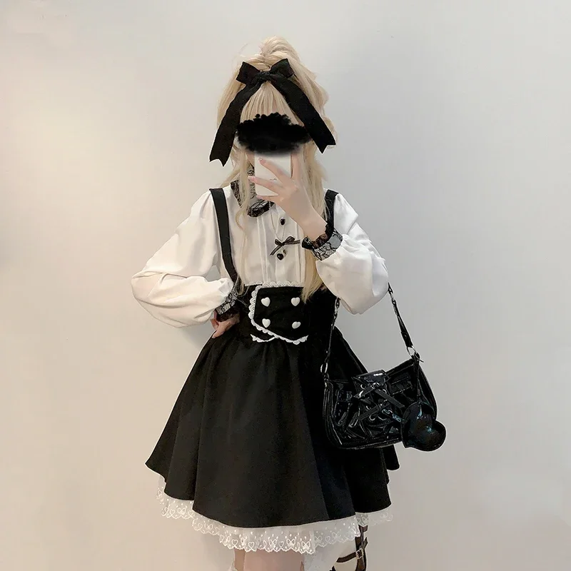 Mini saia com guarnição de renda para meninas doces, saias bonitas com botão amor, roupas kawaii, harajuku