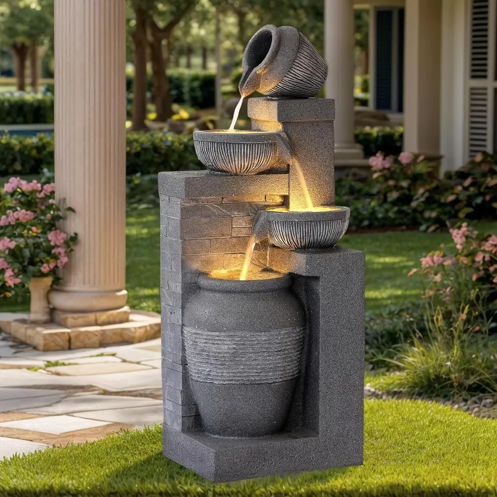 Outdoor 4-Tiers Water Fountain with LED Lights, 32 H Indoor/Outdoor Bowl Water Feature for Garden, Patio, Yard Decor (Grey)