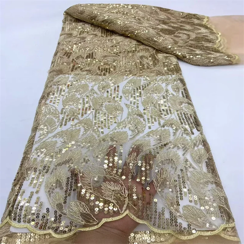 Latest Peach African Lace Fabric 2024 Gold High Quality Lace Embroidery French Mesh with Sequins Nigerian Lace Fabrics Materia