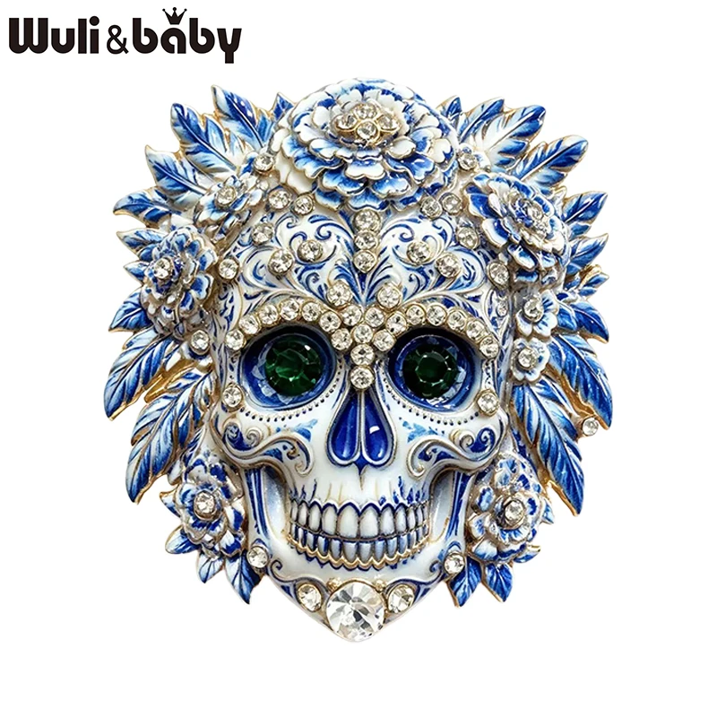 Wuli&baby Blumen-Zuckerschädel-Broschen für Damen, Unisex, 2-farbige Strass-Broschen mit schönem Skelett-Gesicht, Party, Freizeit, Broschen, Geschenke – Detail 1