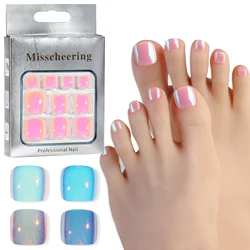Blue and White Aurora Cat's Eye False Toenails Full Coverage Short Square False Nails For Summer Ladies' Feet Decoration Tools