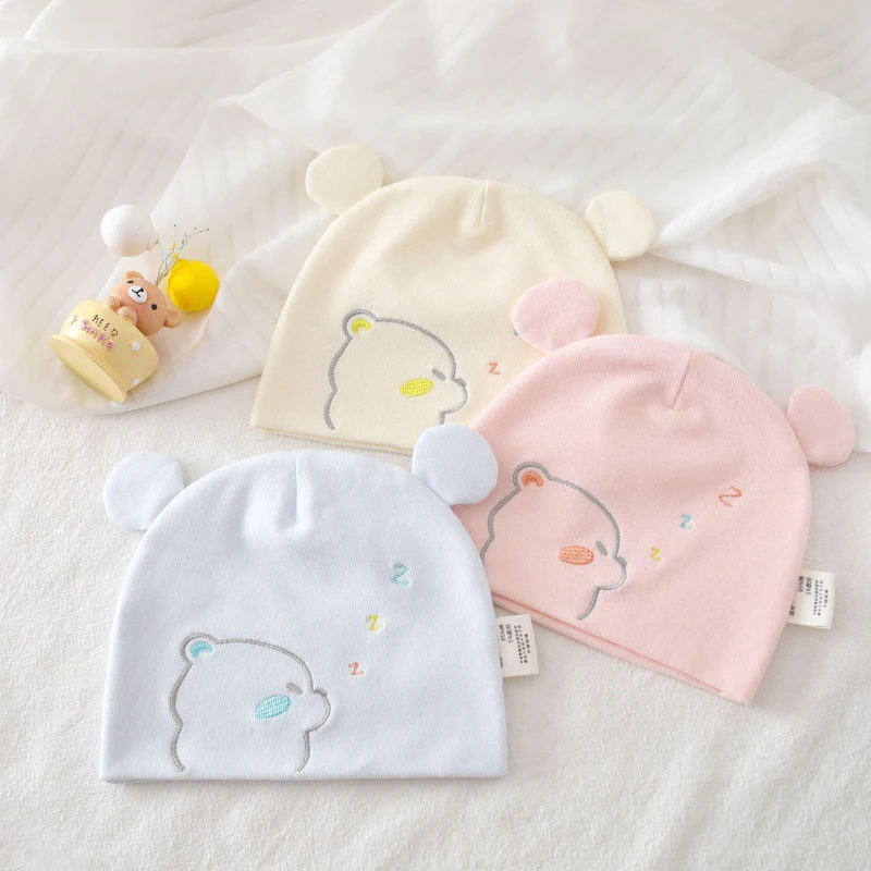 

0-3 Months Newborn Baby Cap, Pure Cotton Infant Autumn and Winter Warm Hat, Cute Little Bear Baby Head Protection Hat