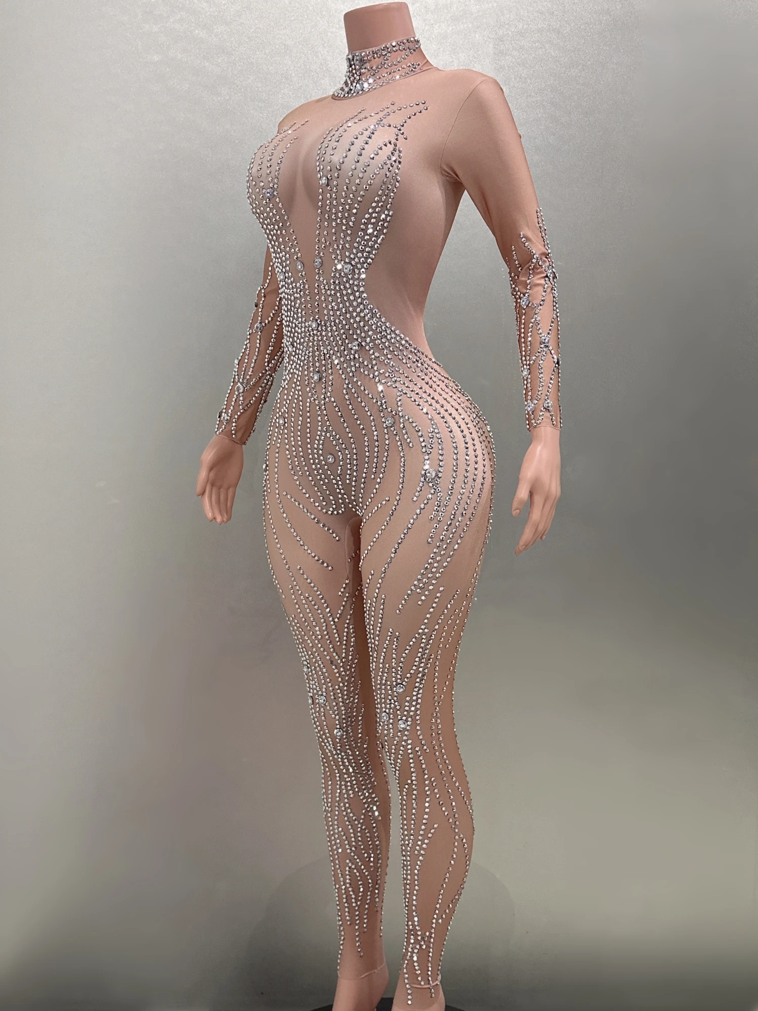 High Quality Sparkly Sequins Women Long Sleeve Sexy See-Through Bodycon Jumpsuit Performance Costume Stage Wear In Stock