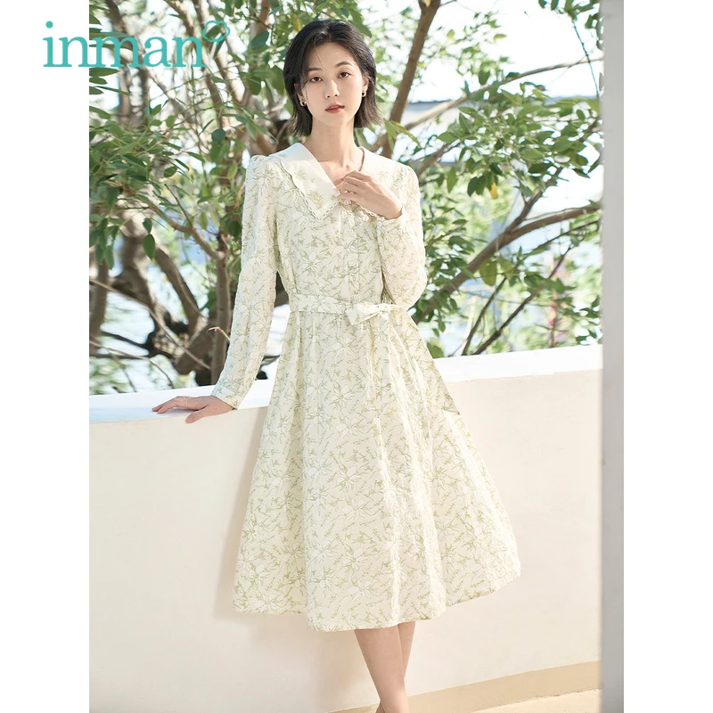 

INMAN Women Dress 2023 Spring Bishop Sleeve Lace Polo Neck A-shaped Floral Printing Elegant Chic Office Mid-length Skirt