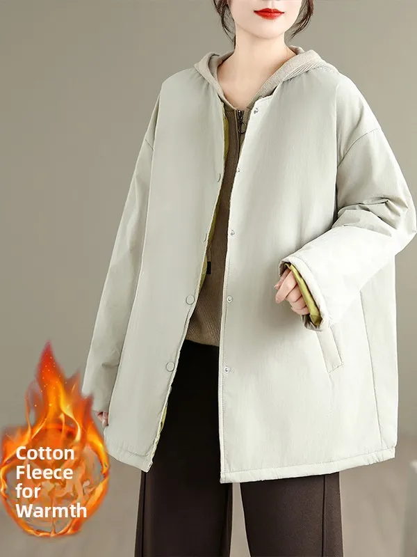 

Loose Korean Style Women's Cotton Jacket Mid-Length Quilted Yellow Outerwear Elegant Atmosphere Thickened Long Sleeve Coat