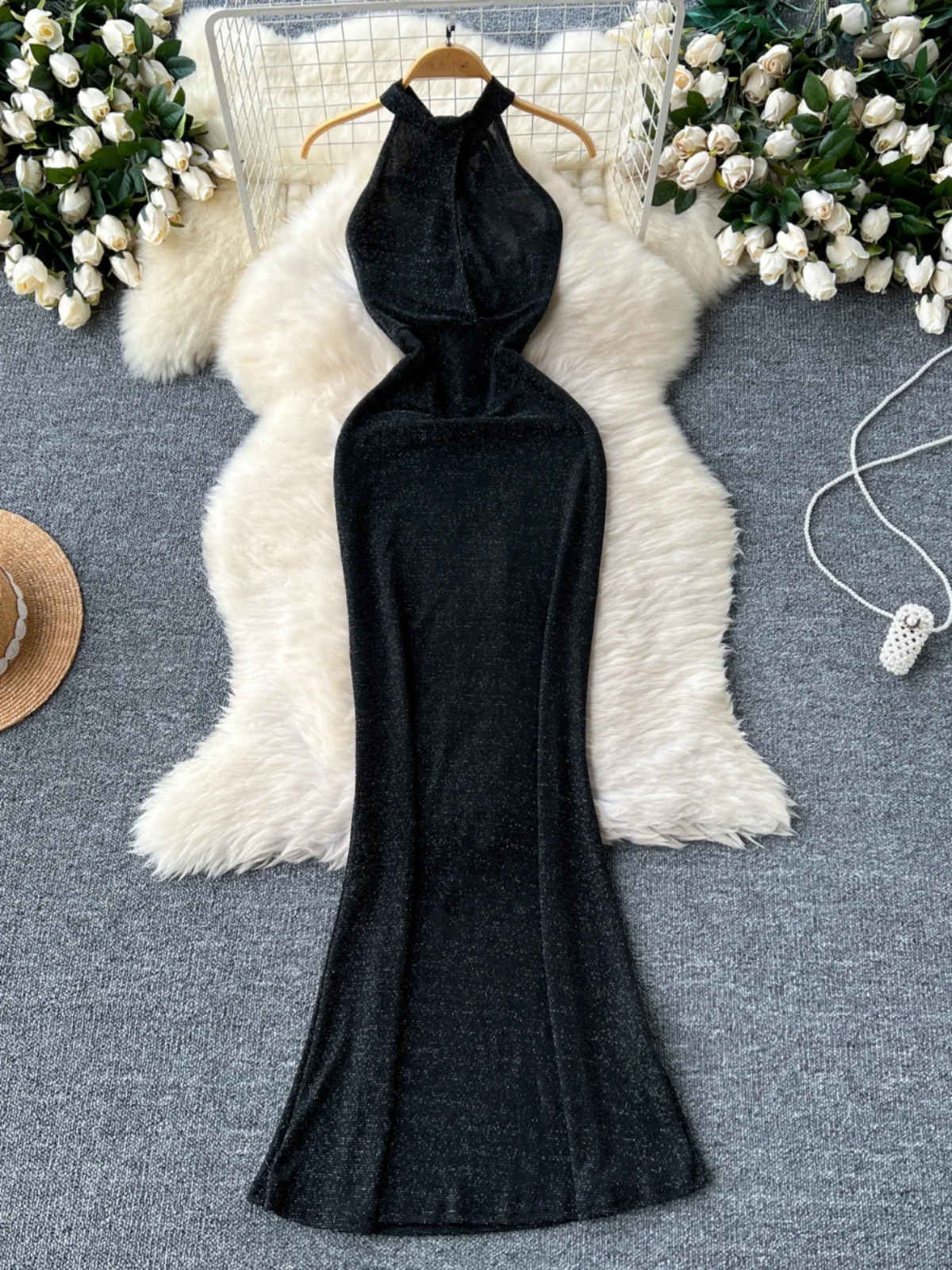 Foamlina Women Elegant Summer Dress Black Lace-up Halter Neck Cut Out Front Sleeveless Blackless Slim Evening Party Maxi Dress