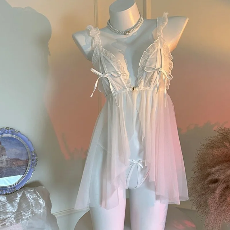 Women Pajamas Set Lace Open Bra Sleepwear Sexy Lingerie Elastic G Strings Nightwear Suit Sleeveless Crotchless Nightdress - view 5