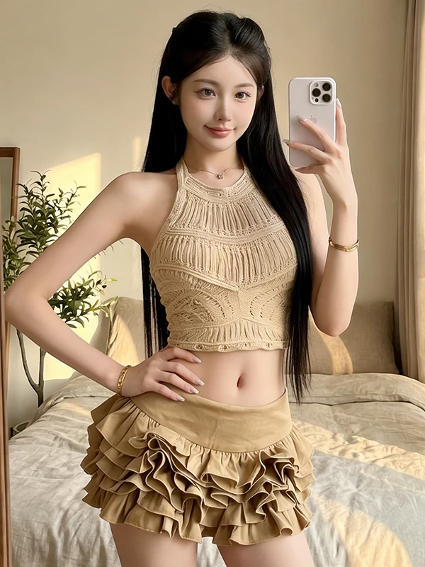 

Unique Beautiful Spring Summer Two-Piece Set Hollow out Knitted Neline High Waist ort Skirt Women's Faion Ensemble