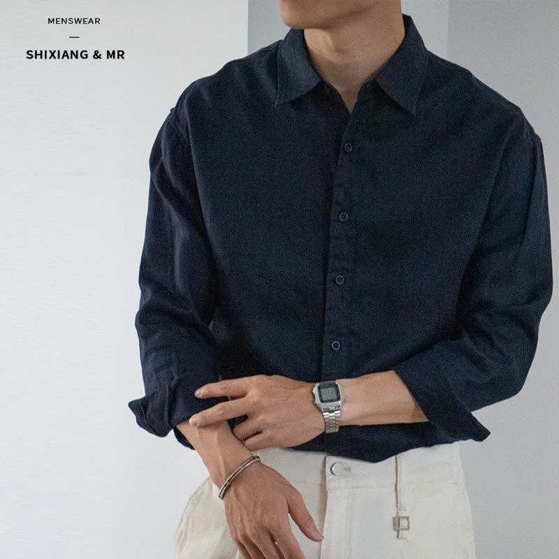 

New Chinese Style Textured Pure Color High End Linen Men's Shirt Loose Vintage Fashion Casual Long Sleeve Color Top
