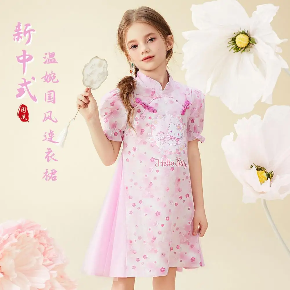 

Детское платье Hello Kitty Sanrios в стиле аниме для девочек Ins Hanfu, платье с летающими рукавами, детский жилет, юбка принцессы, детская праздничная одежда, платье