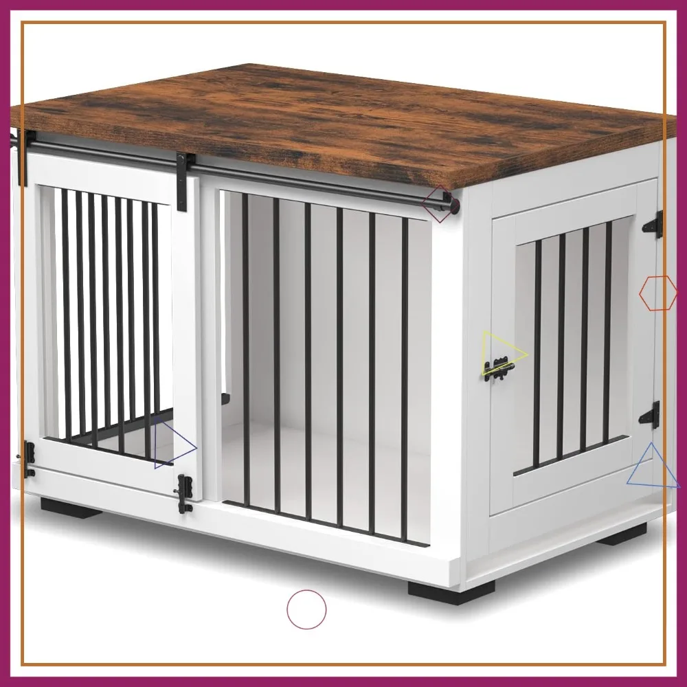 

Large Dog Crate Furniture with Barn Door Design, White Modern Kennel Table for Pets Up to 60 lbs