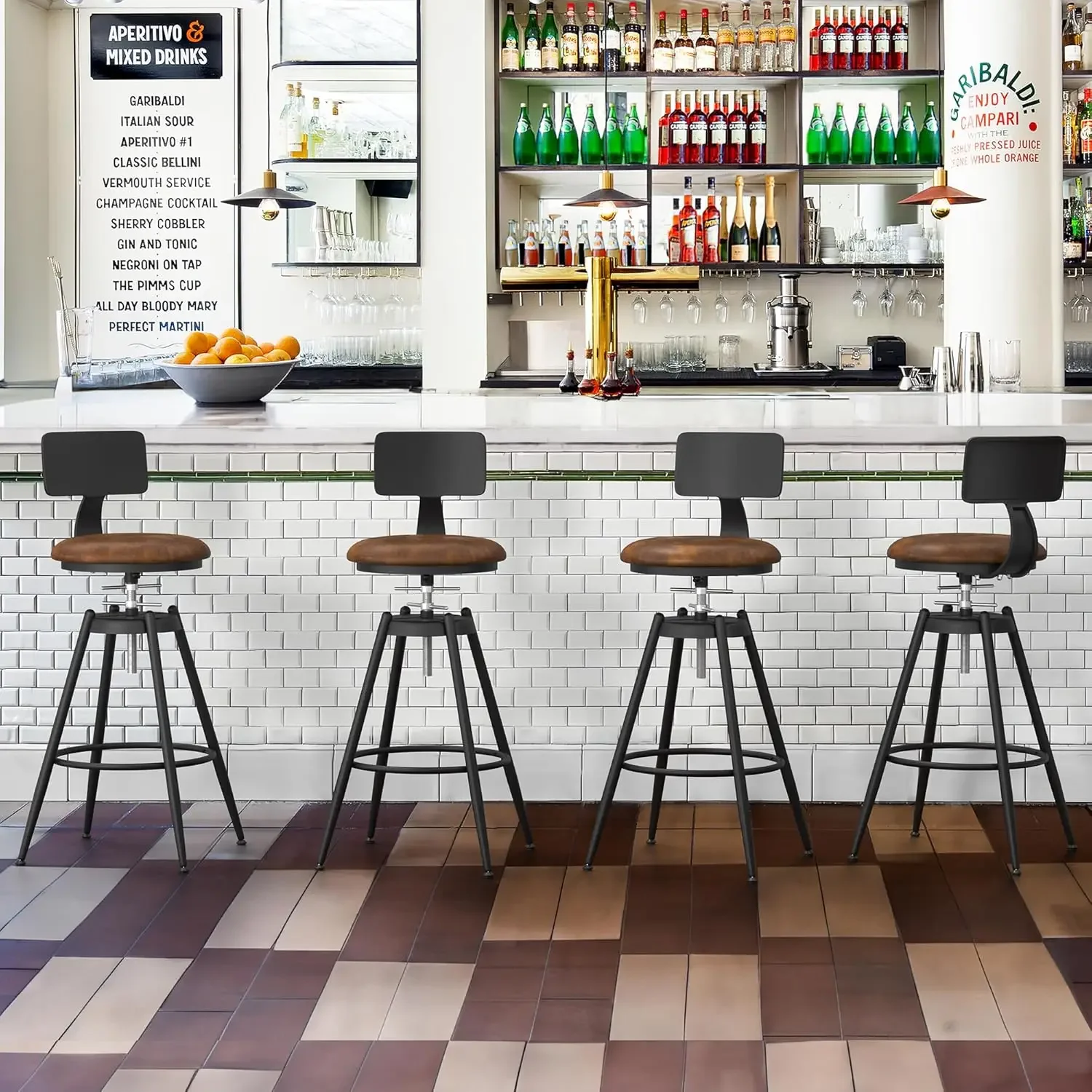 Industrial Swivel Bar Stool Set of 4, 26"-32" Adjustable Counter Height Bar Stool with Back for Kitchen Island, Vintage Farmhous