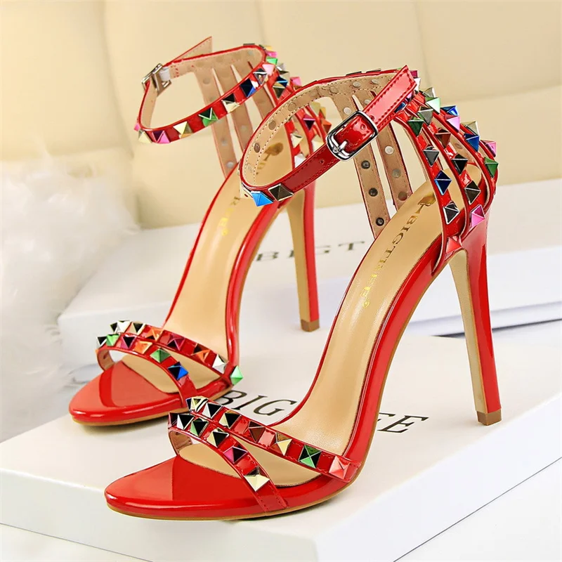 High Heel Hollow Colored Rivets Sandals Lady Stiletto Gladiator Pumps Summer 2024 Luxury Fashion Elegant Roman Style Shoes