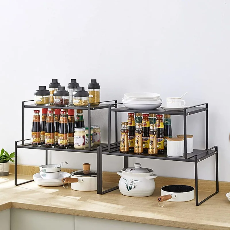 Retractable Shelf Stackable Sliding Rack Organizer Shelfs Kitchen Iron Storage Rack For Cabinets Tableware Countertops For Home