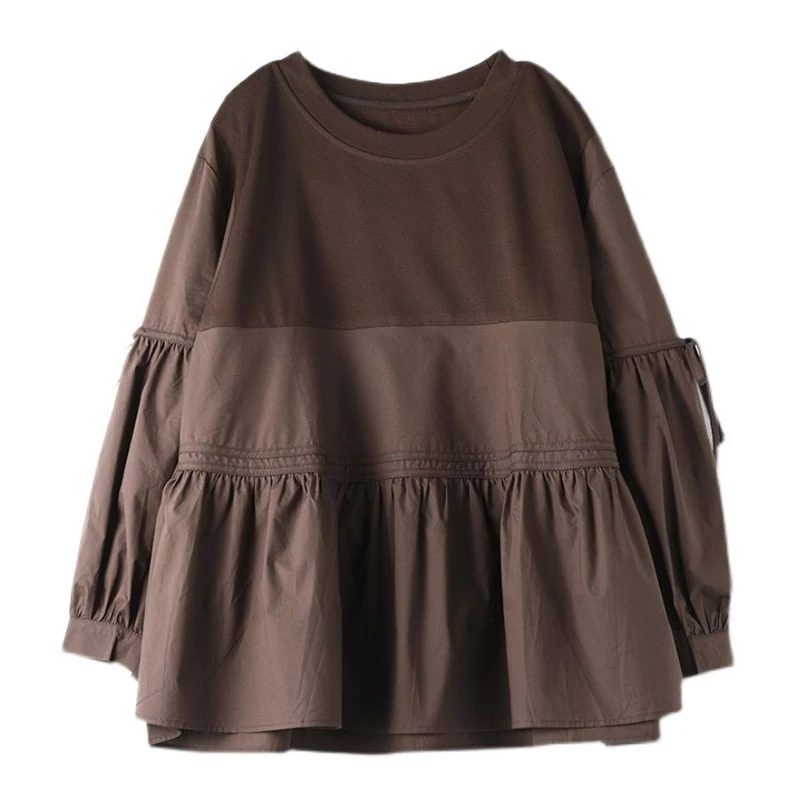 Clothes for Women Korean Fashion Bow Cute Chic Blouses Vintage Ruffled Patchwork Oversized Shirts Solid O Neck Long Sleeve Tops