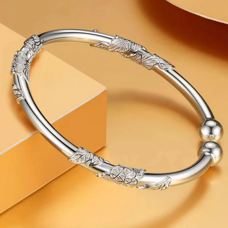 Elegant Ladies 999 Fine Silver Adjustable Open Bangle Smooth Polished Tube Hand Carved Plum Flower & Leaf Relief Traditional Chi