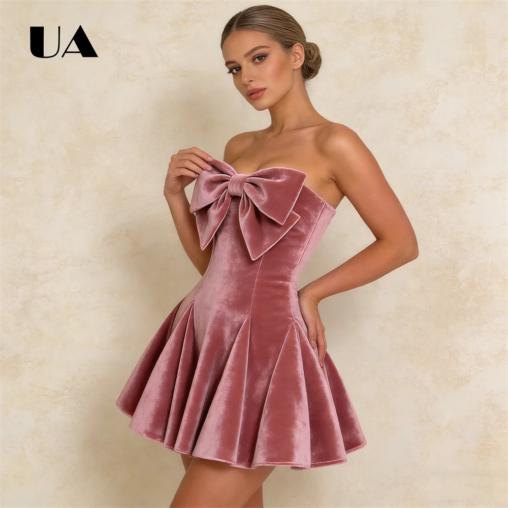 

ULBYANRY Soft Velvet Short Prom Dress for Women, Tailored Fit Sweet Bow Neckline Party Dress, Women's Cocktail Gown