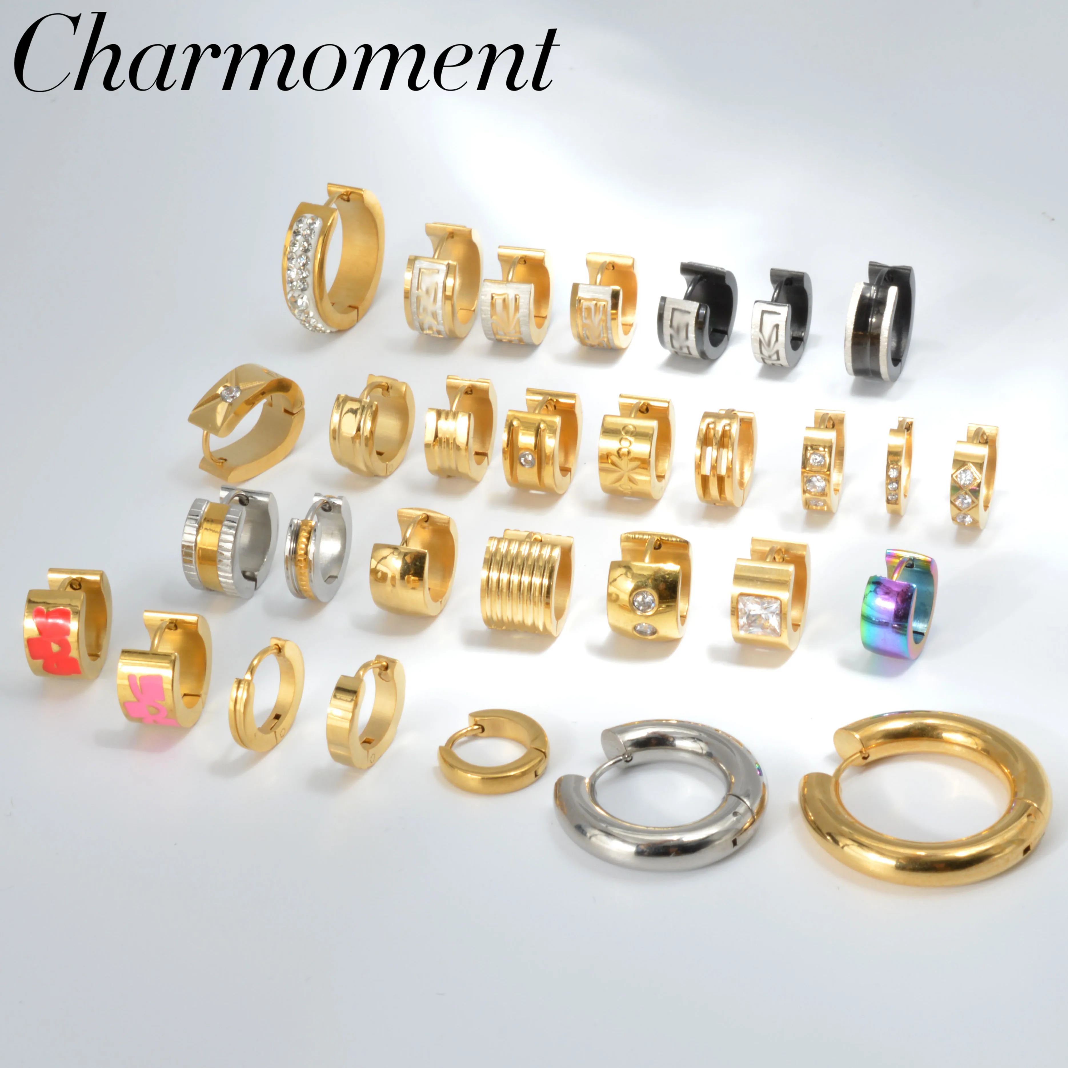 CHARMOMENT Jewelry Aesthetic Stainless Steel Hoop Earrings For Women Zircon Minimalist Round Earring Black Gold Color Jewellery