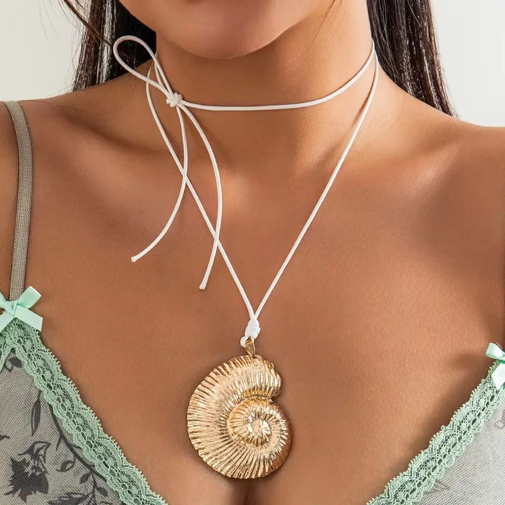 

Lacteo Trendy Metal Conch Pendant Necklace Black White Rope Long Women Choker Jewelry Neck Chain Adjustable Collar Party Girls