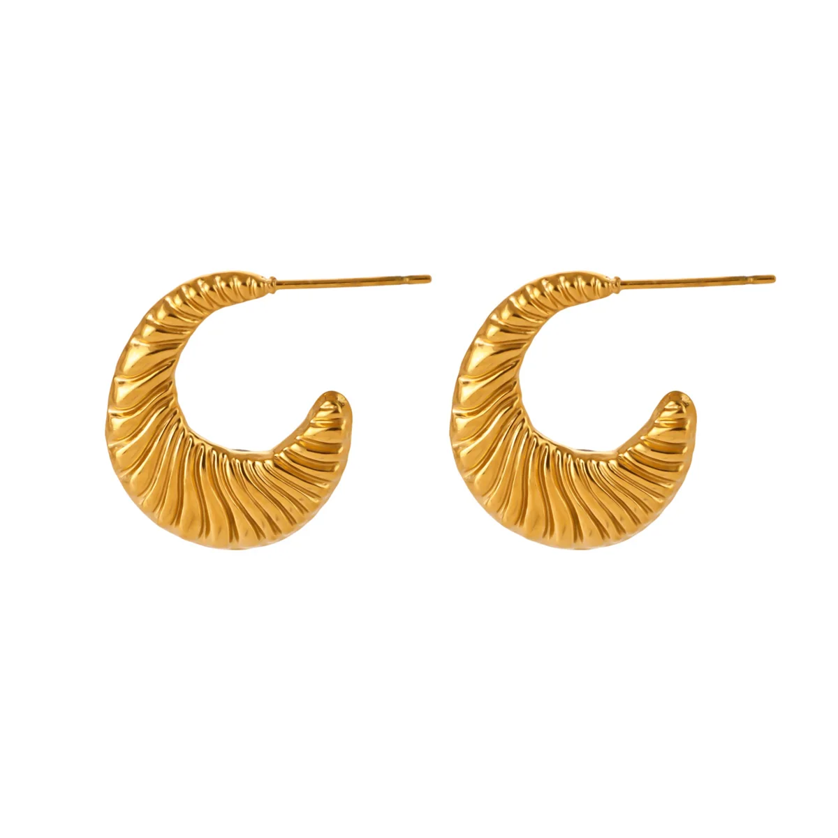 Vintage Goldfarbene Edelstahl-Creolen, gehämmerte geometrische quadratische plissierte klobige Croissant-Ohrringe, Damenschmuck – Detail 18