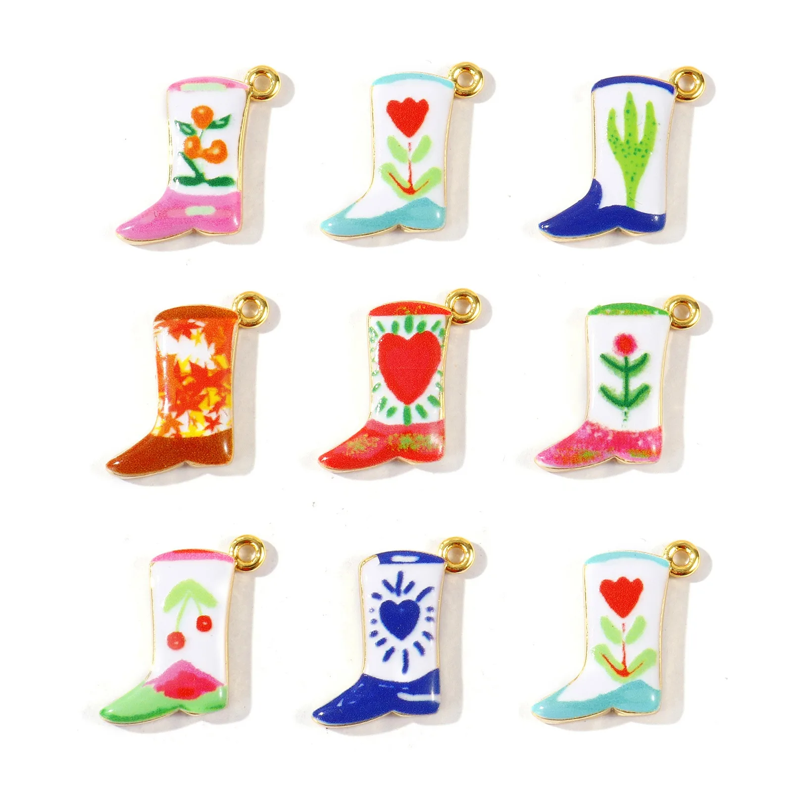 2pcs Brass West Cowboy Charms 18K Gold Plated Boots Multicolor Flower Heart Printed Pendants DIY Necklace Jewelry 19mm x 18mm
