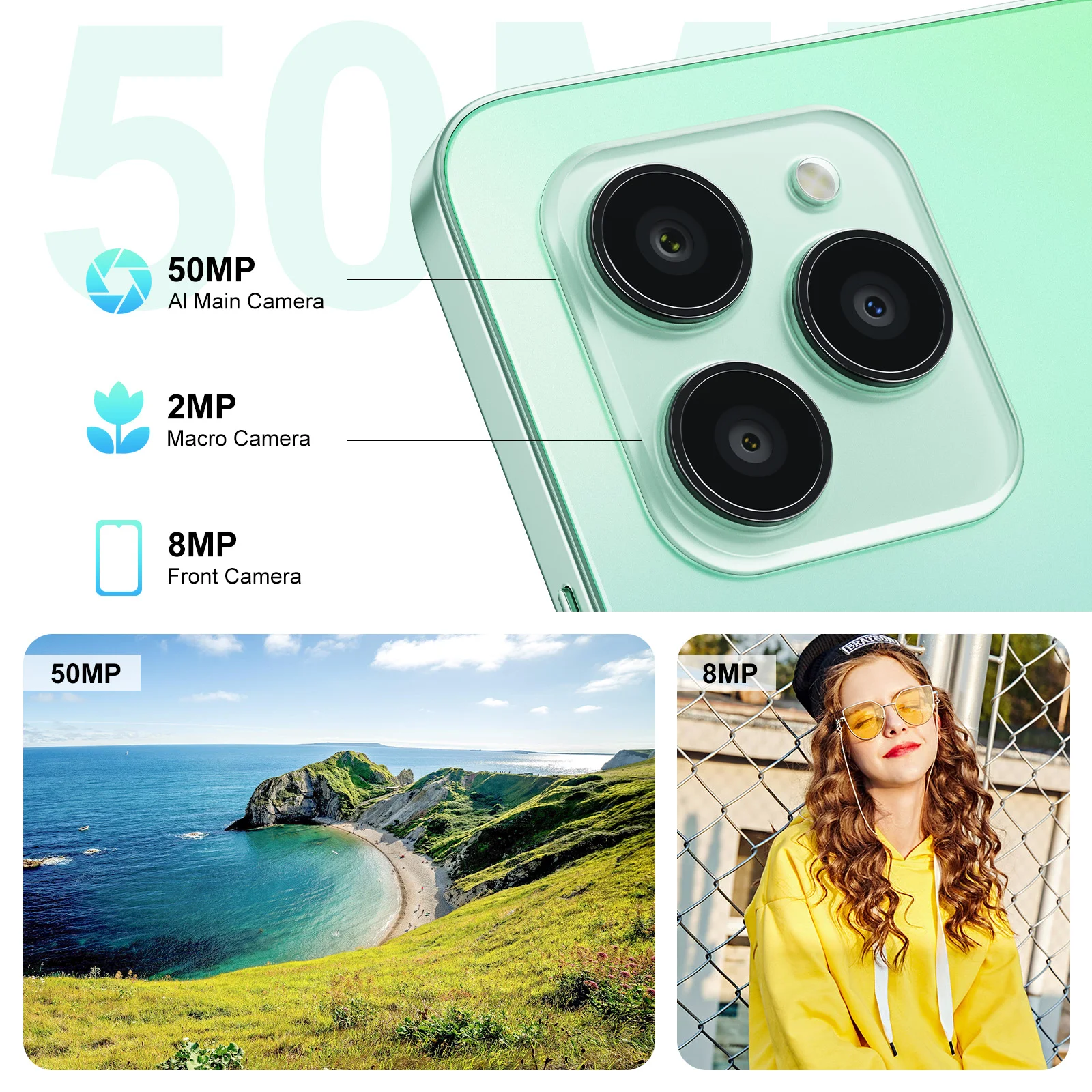 Fossibot S1,5G 휴대폰, 50MP 메인 카메라, 4900mAh 배터리 스마트폰, 24GB RAM(6GB + 18GB), 128GB ROM, 안드로이드 14 NFC 휴대폰