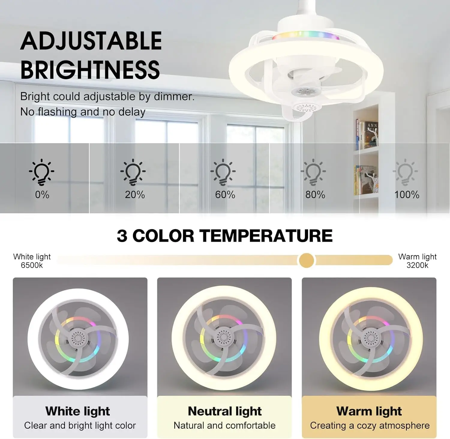 360°Rotating E27 Ceiling Fan Bulb LED Light with Remote  RGB Color Dimmable Ventillator Lamp for Home Lighting AC85-265V