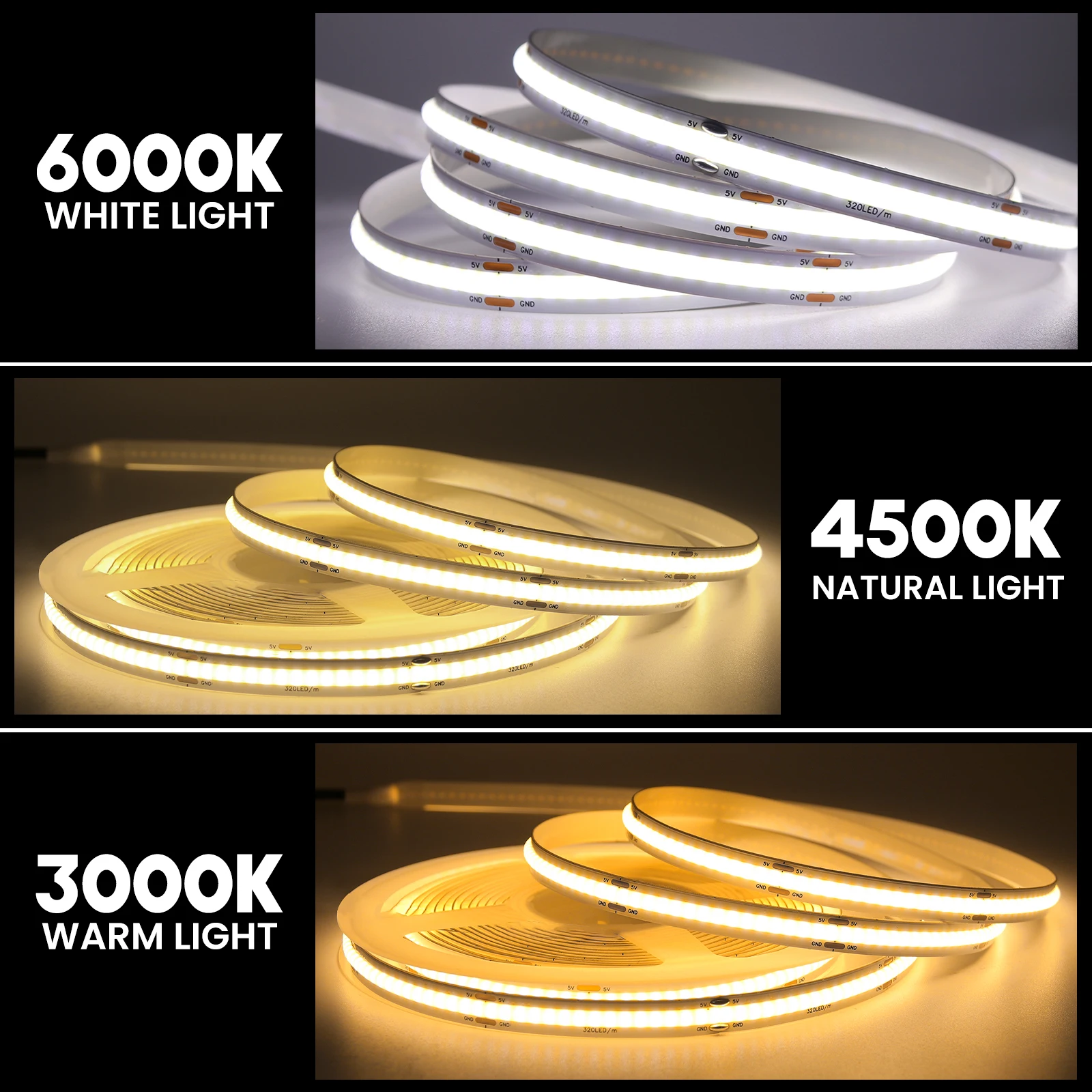 USB Power COB LED Strip Light 320 LEDs High Density FOB Flexible LED Tape RA90 DC 5V LED Ribbon Dimmable Linear Light Rope