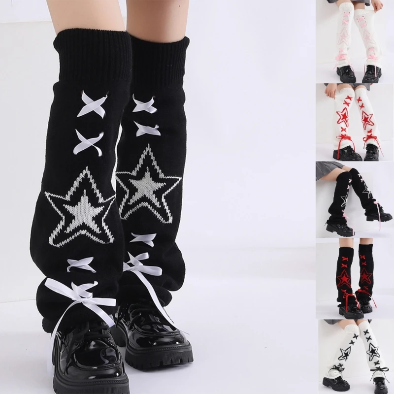 Aesthetic Star Pattern Knitted Leg Warmers for Punk Girls Women's Japanese Sweet Ribbon Lace Up Flared Foot Covers Socks