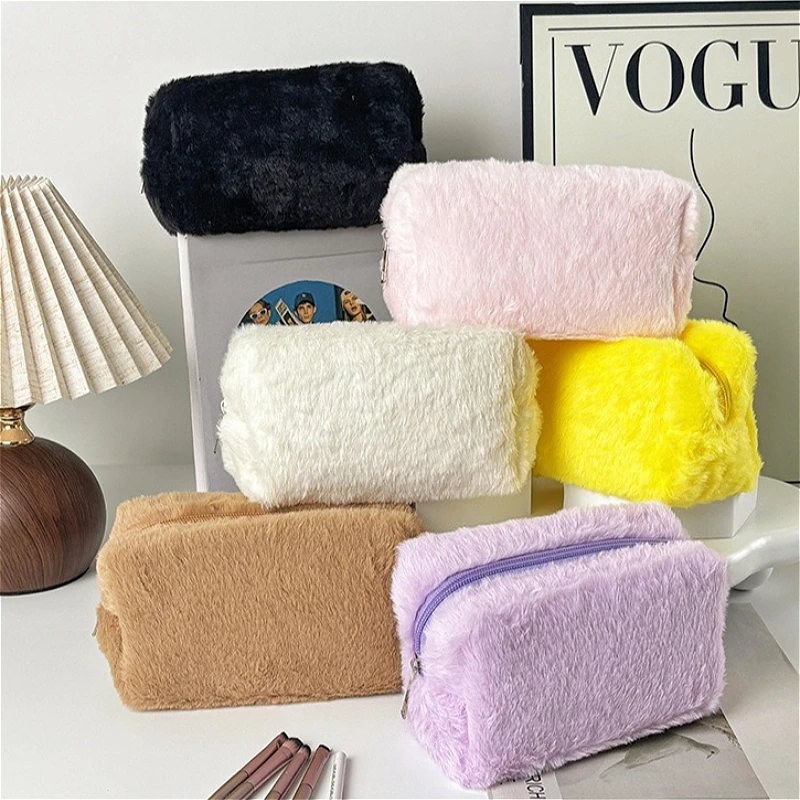 Zipper Large Solid Color Cosmetic Bag Cute Fur Makeup Bag for Women Travel Make Up Toiletry Bag Washing Pouch Plush Pen Pouch