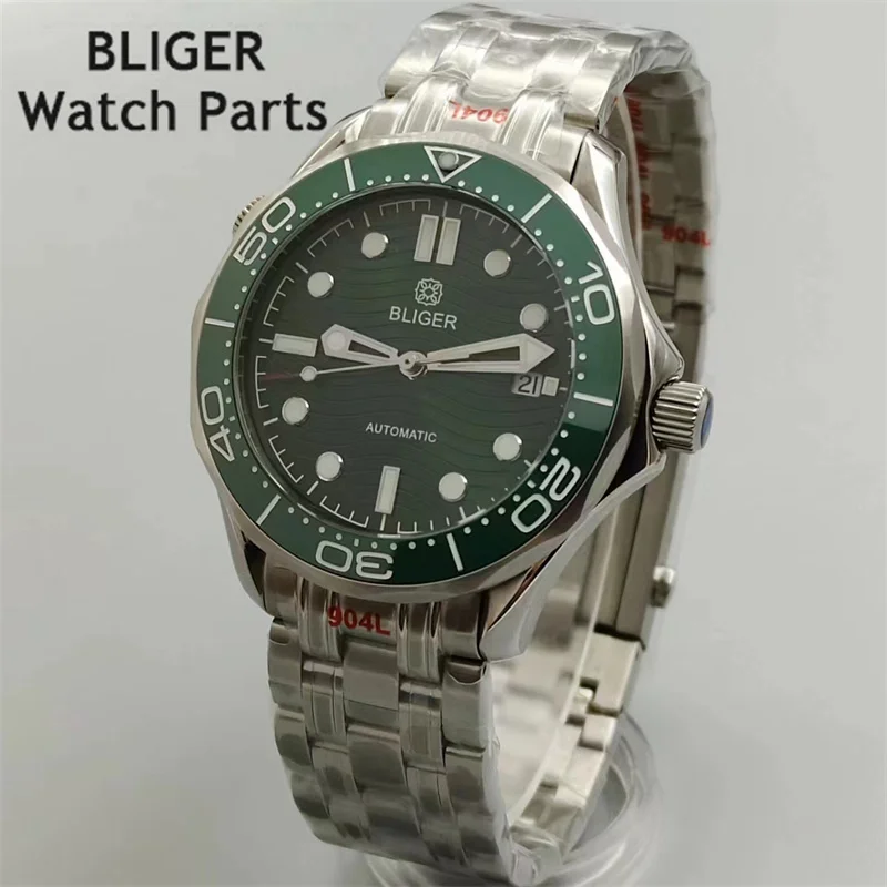 Bliger 41mm automatische mechanische Herren uhr grünes Zifferblatt Keramik Lünette leuchtend 10atm wasserdichte mechanische Armbanduhr 3 Uhr