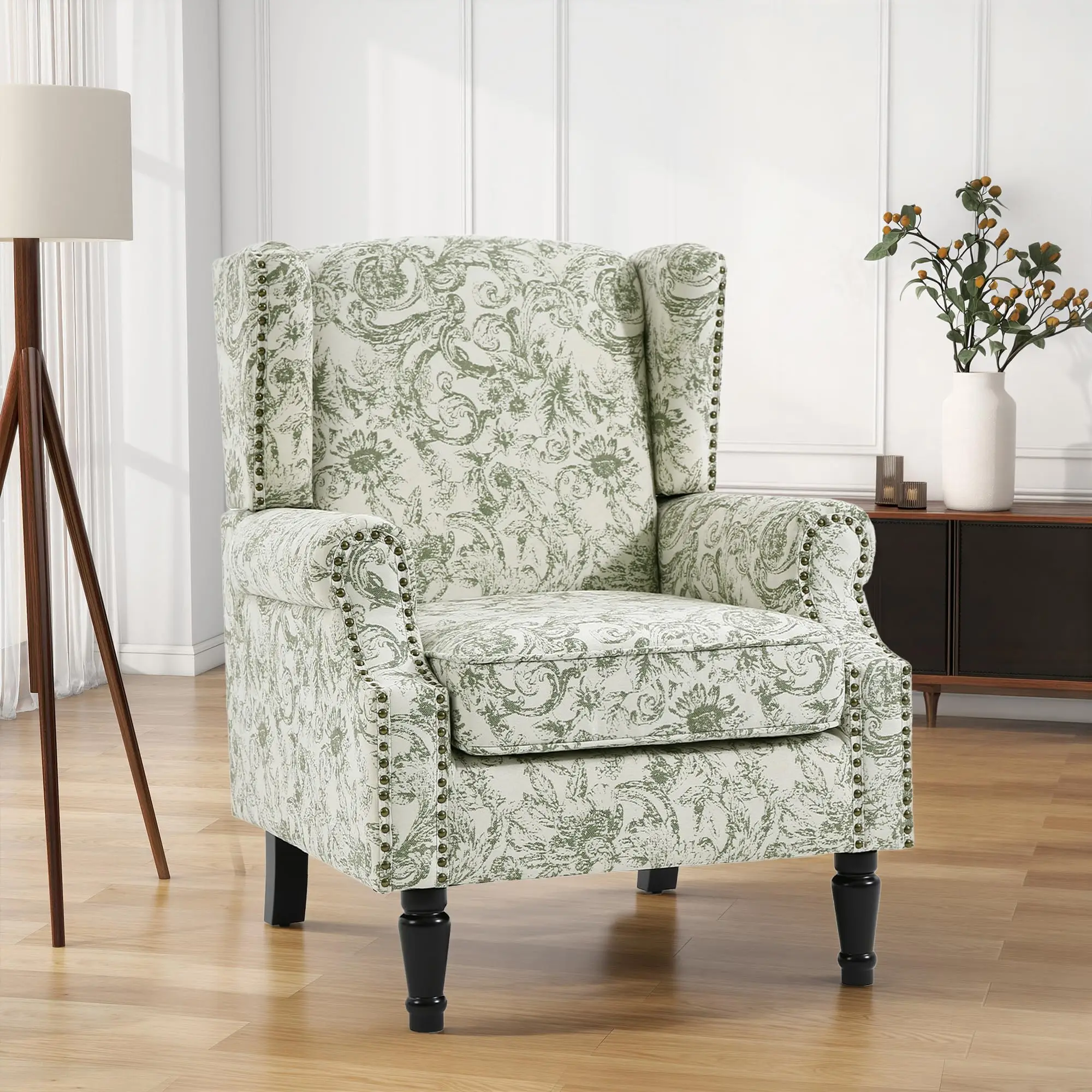 Floral Wingback Accent Chair, Fabric Upholstered High Back Armchair | Printed Reading Seat with Removable Cushion