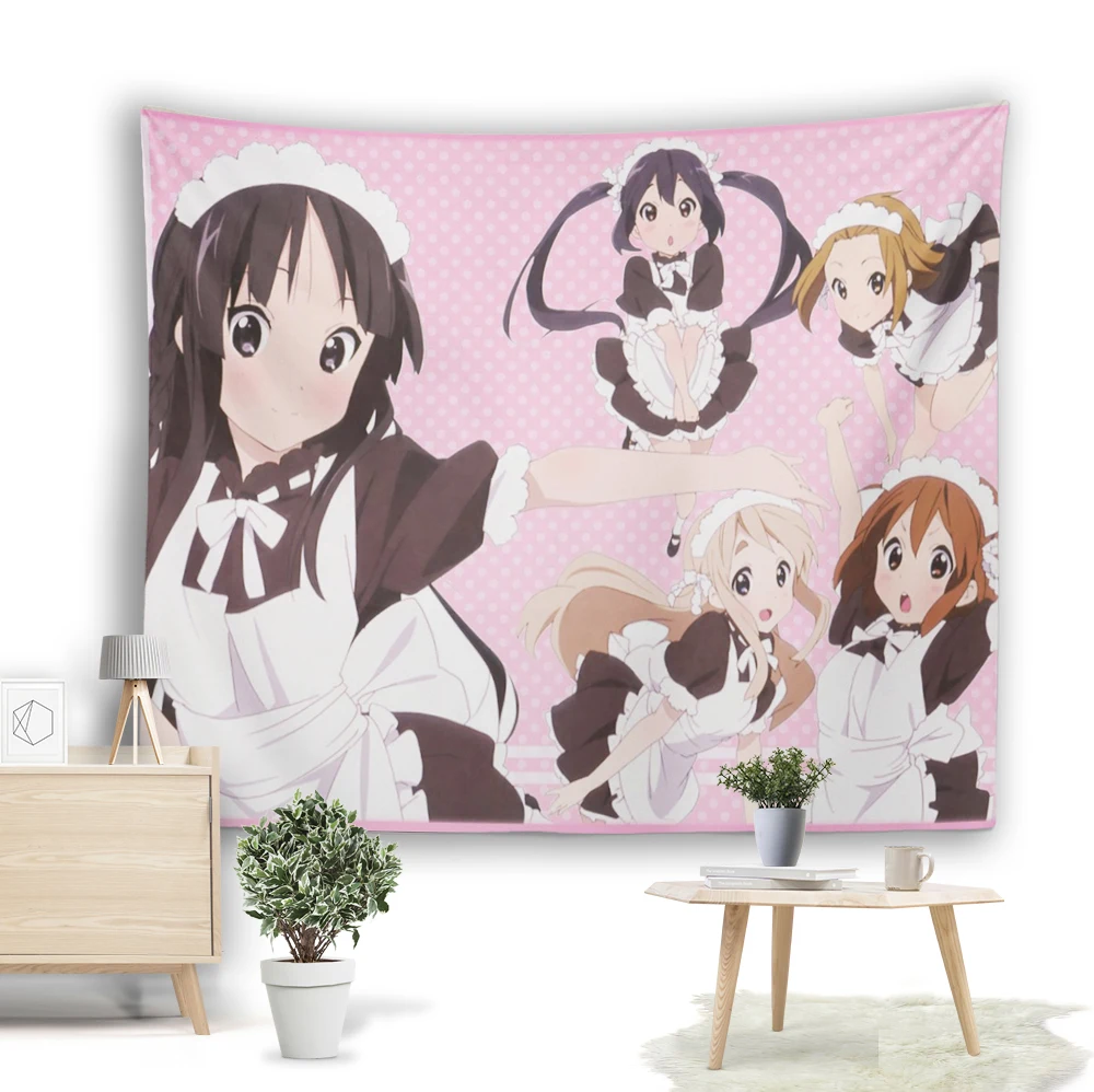 K-On! Maid Outfit Anime Tapestry, Pink Polka Dot Wall Hanging, Yui Mio Ritsu Tsumugi Mugi Decor for Bedroom & Dorm