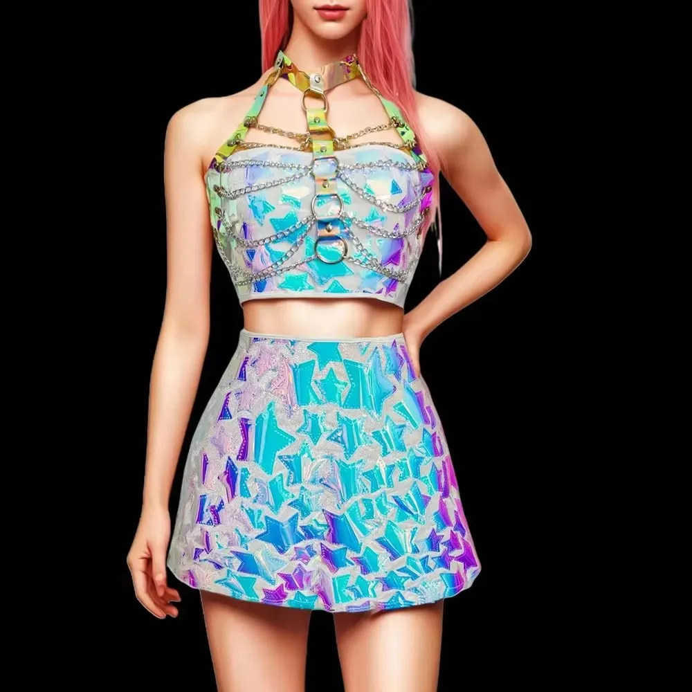 أزياء مثير ملون الترتر المرأة المحاصيل الأعلى وتنورة صغيرة مجموعة هالوين مهرجان حزب الجاز الرقص المغني مرحلة الأداء