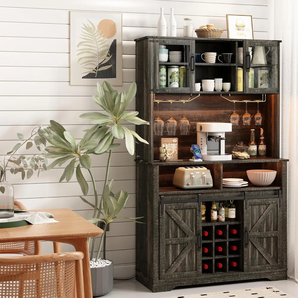 Farmhouse Coffee Bar Cabinet with Sliding Barn Door, Buffet Cabinet with Hutch, Kitchen Pantry Cabinet with Power Outlet & Light