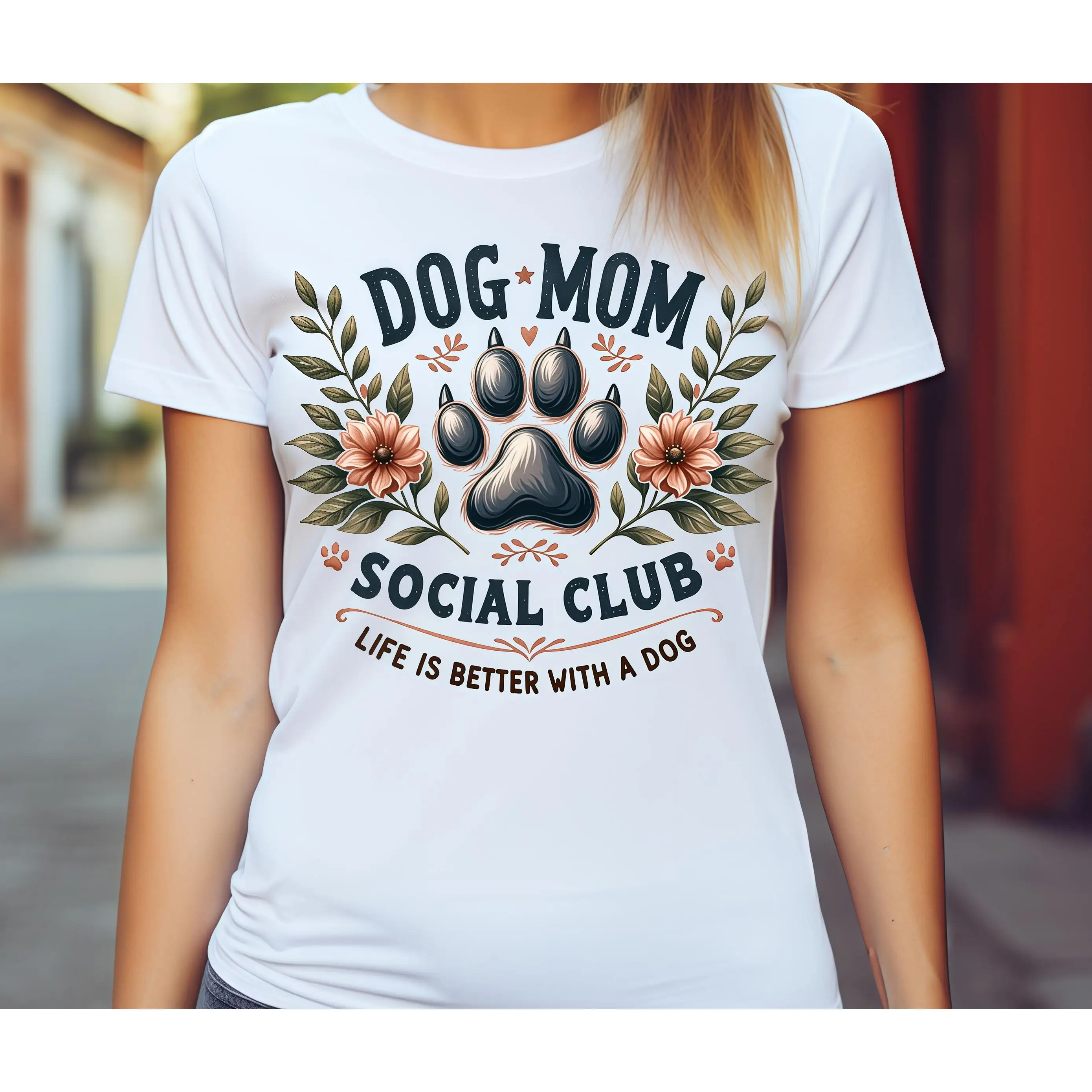 

Dog Mom Social Club T-Shirt Paw Print Floral Graphic Tee Women's Pet Lover Cotton Top Life Is Better With A Dog Gift