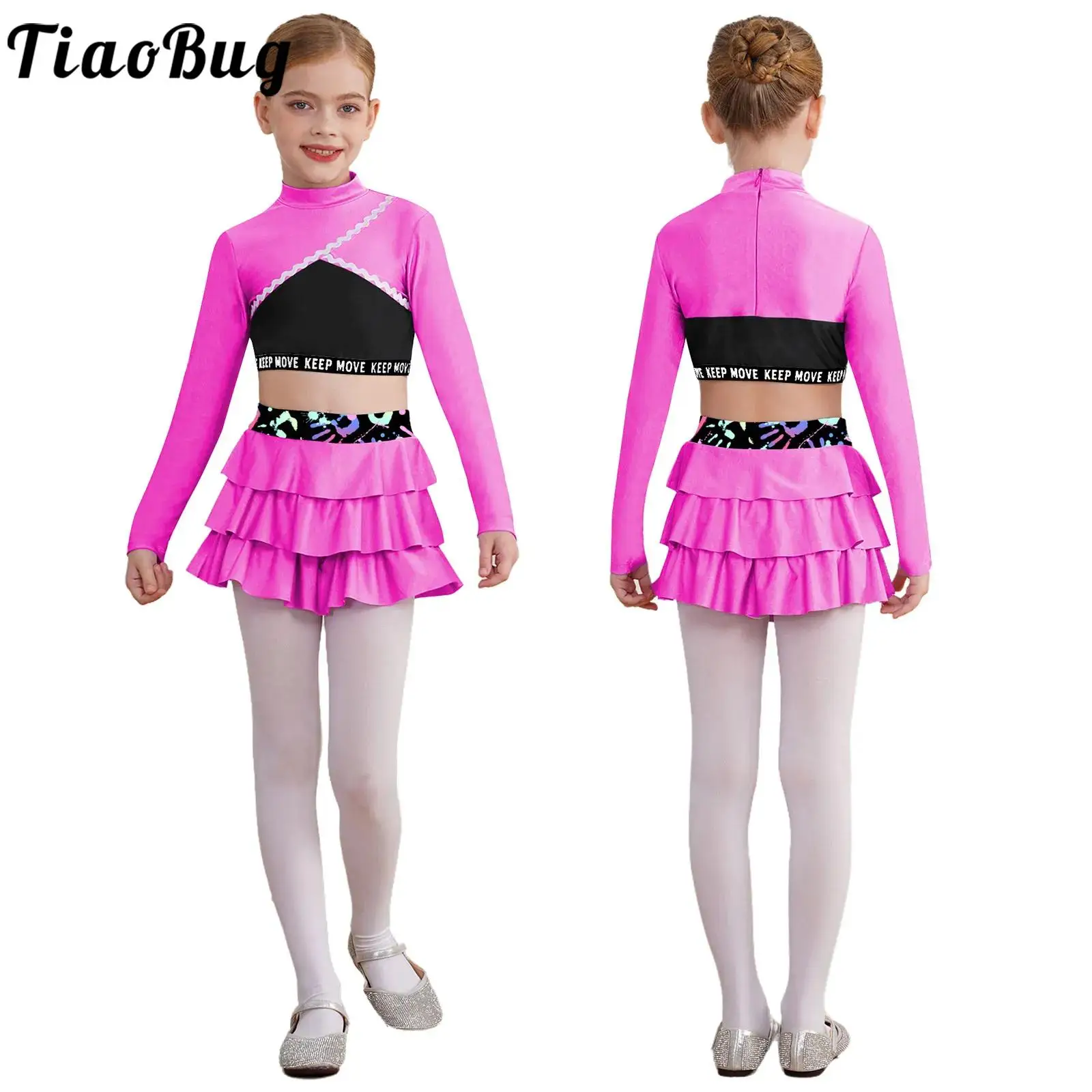 

Kids Girls 2 Pcs Athletic Dance Outfit Jazz Modern Dance Sets Long Sleeve Crop Top with Tutu Skirt Tennis Golf Sportswear Sets