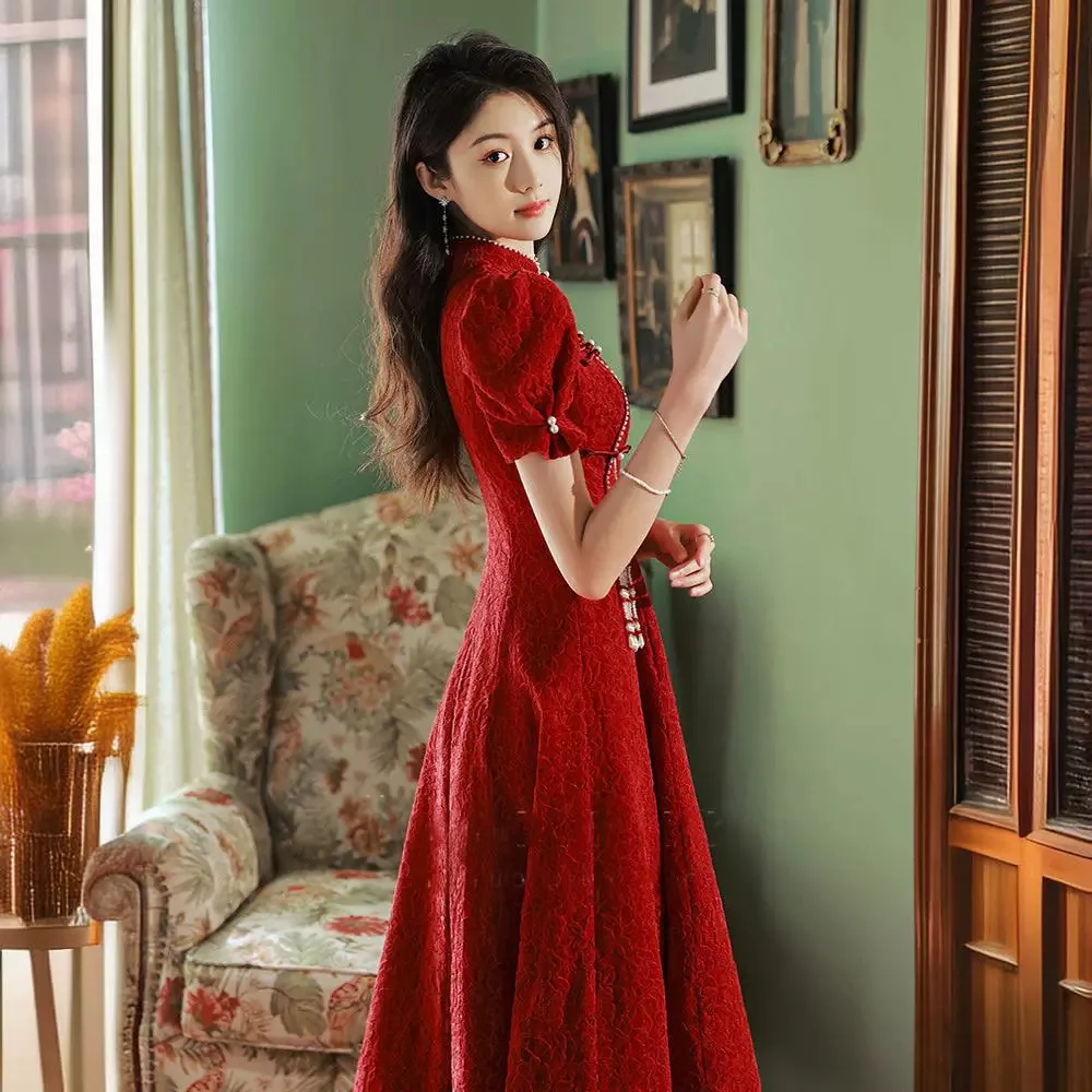 

Элегантное китайское свадебное платье для церемонии чаепития, короткое, маленького размера, для возвращения домой, повседневная одежда, длинная юбка А-силуэта