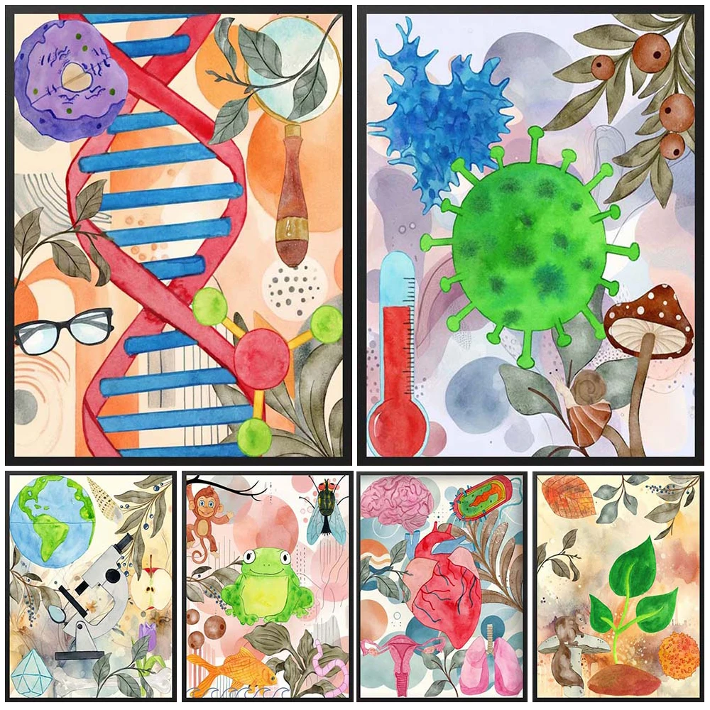Cartoon Biology Chemistry Classroom Prints Gene Virus Laboratory Wall Art Canvas Painting Decor Wall Pictures For Room Unframed