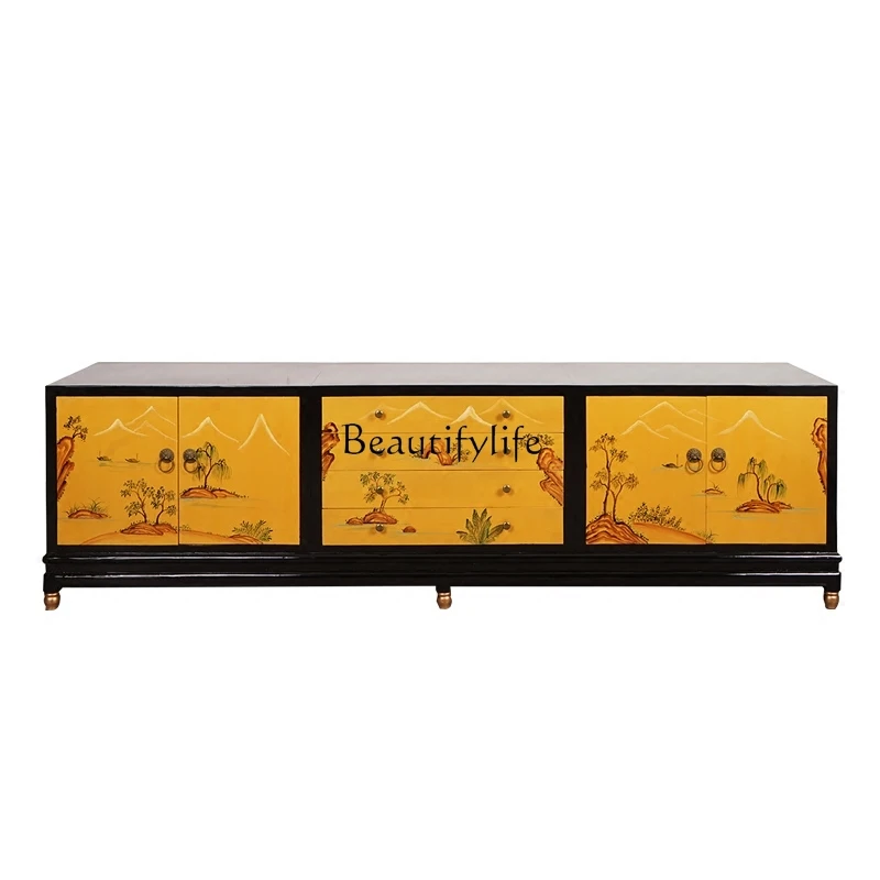 

Solid wood TV cabinet New Chinese classical painted gold retro storage cabinet