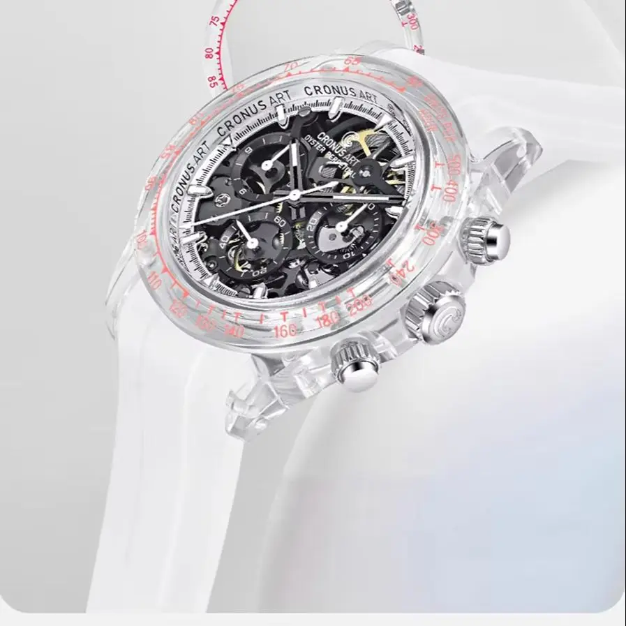 

CRONUSART Men Automatic Watch Chronograph K9 Crystal Case Mechanical Wristwatch Skeleton Luminous Skeleton Dial