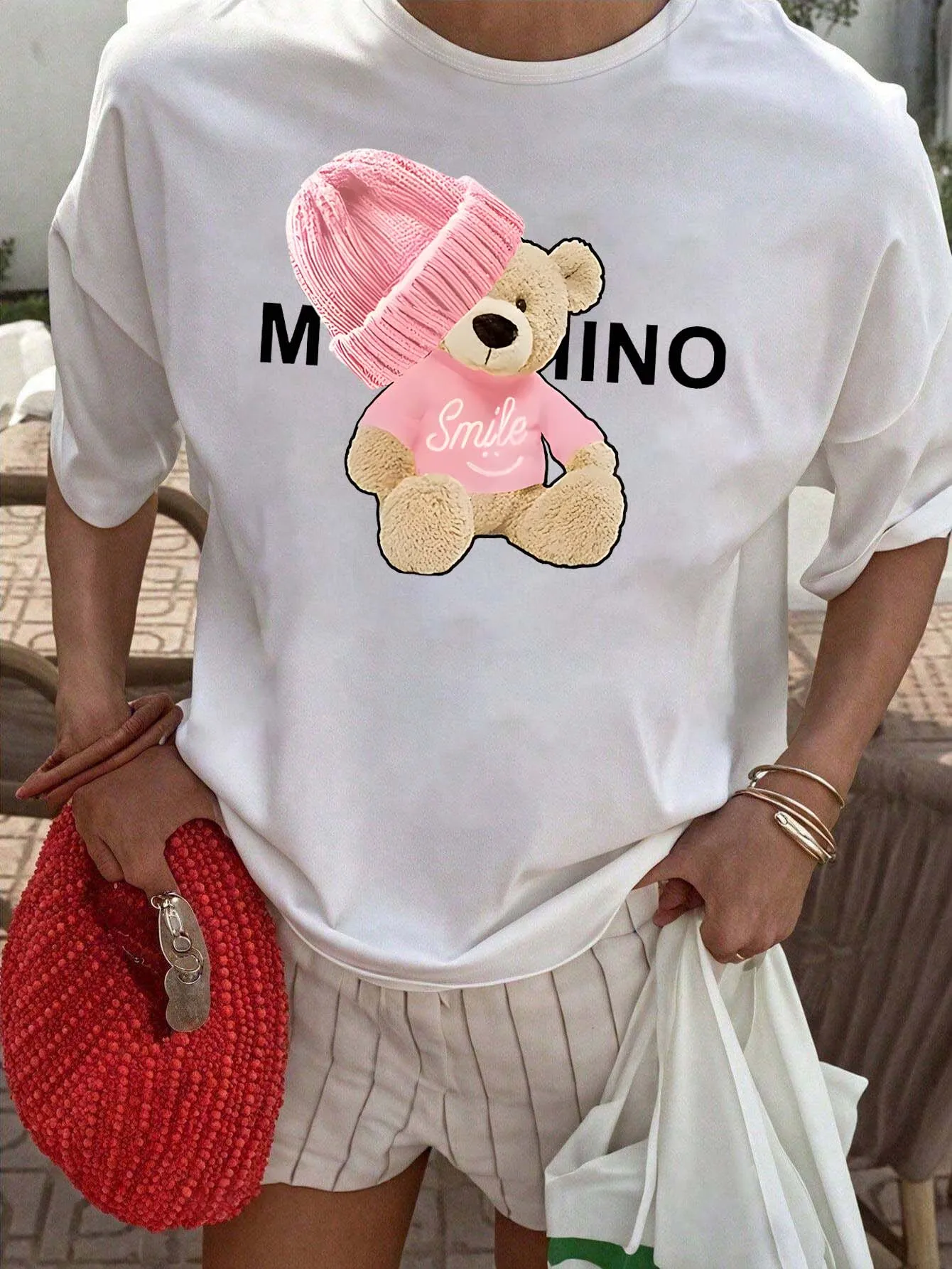 

Plus Size Cute Bear Graphic Tee Adorable With Hat wearing Bear And Smile Motif For Trendy Playful Vibes ﻿