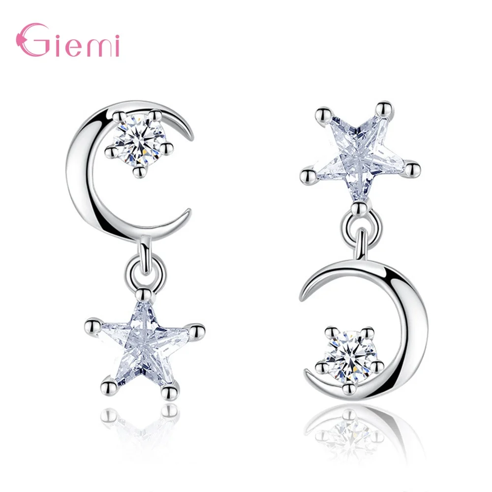

Original 925 Sterling Silver Charms Clear CZ Crystal Asymmetrical Moon Star Stud Earrings For Women Fashion Jewelry Gift